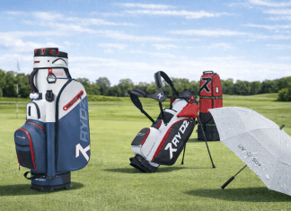 RYDZGEAR: Neue Golfmarke startet 2026 mit Cartbags, Hybridbags & Zubehör RYDZGEAR Produkte stehen nebeneinander auf dem Green eines Golfplatz
